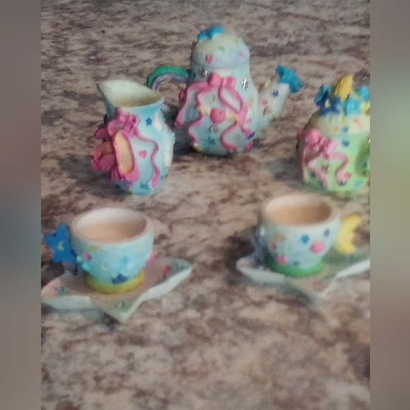 Mini 2 inch ceramic ballerina tea pot set with saucers, cups creamer pitcher - Picture 2 of 9